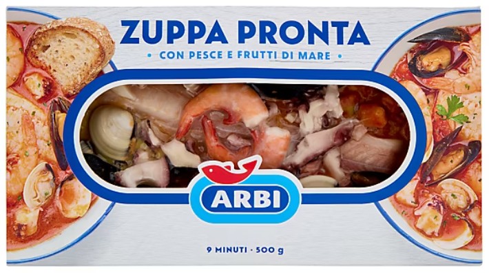 ARBI 주파 프론타 해산물 수프 제품 포장 전면으로, 새우와 조개 등 해산물이 보이는 창이 있다